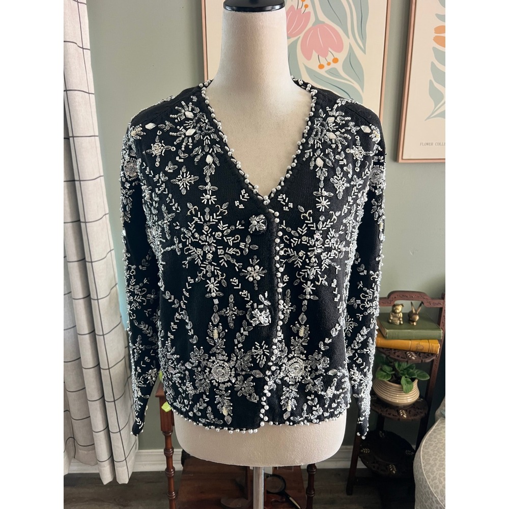Vintage 1994 Michael Simon Beaded Pearl Cardigan Sweater Black Size 2